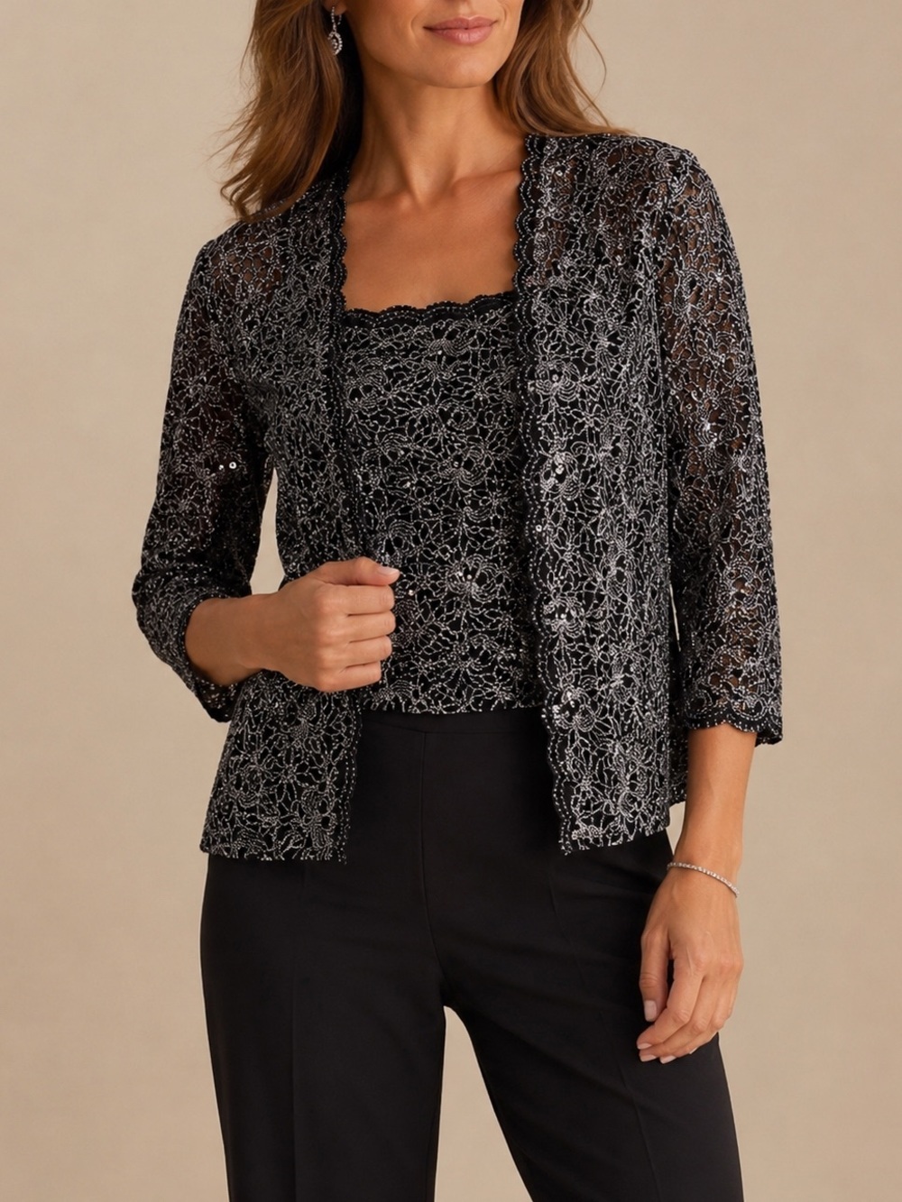 Alex Evenings Sequin Lace Twinset Cami & Jacket Black Silver S Mother Formal